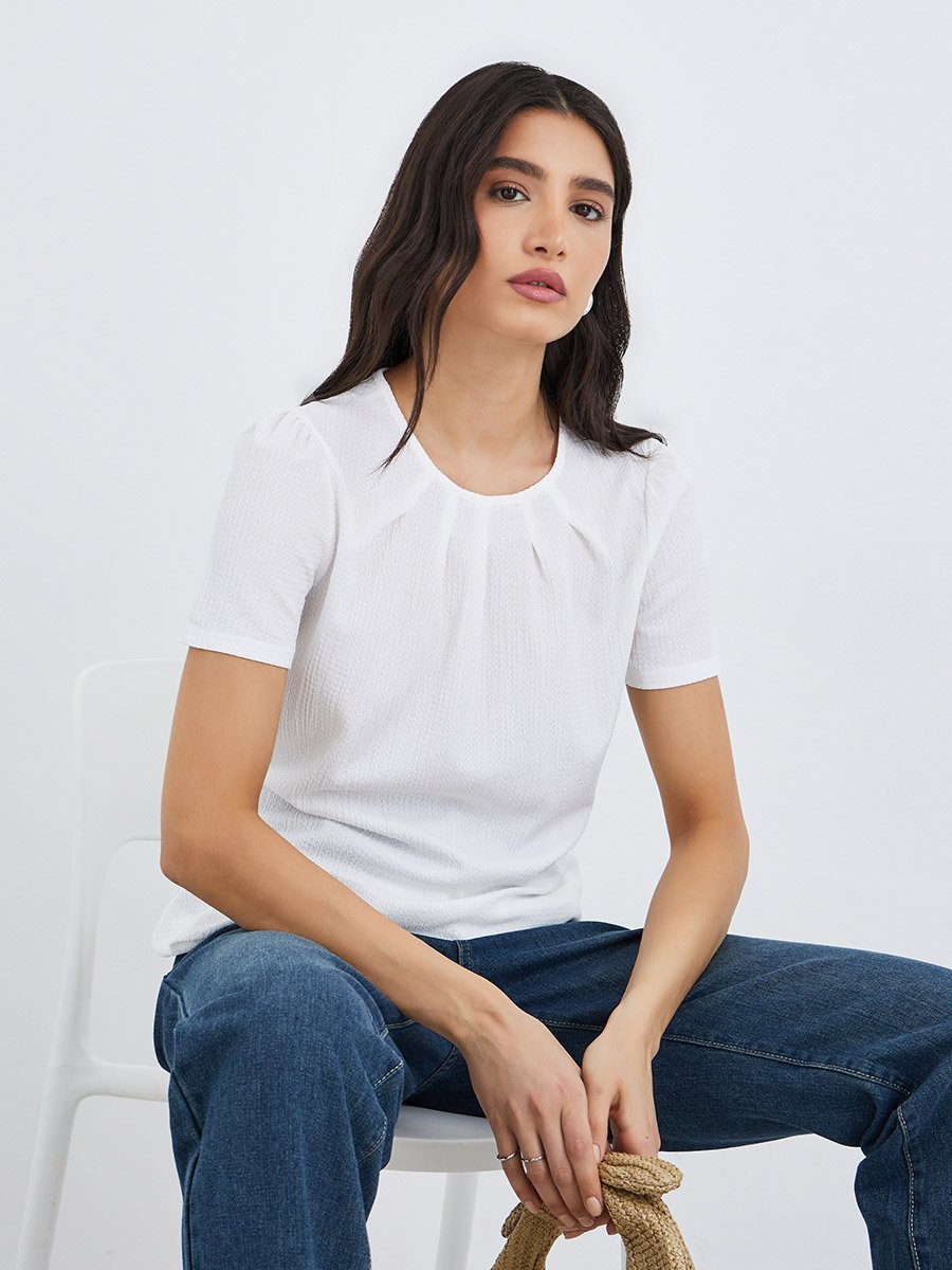 Solid Round Neck Pleated Detail Top