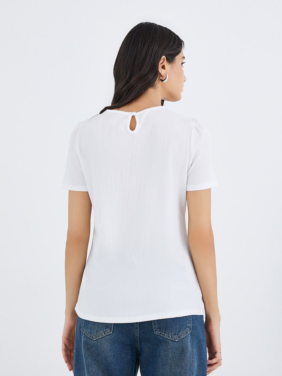 Solid Round Neck Pleated Detail Top
