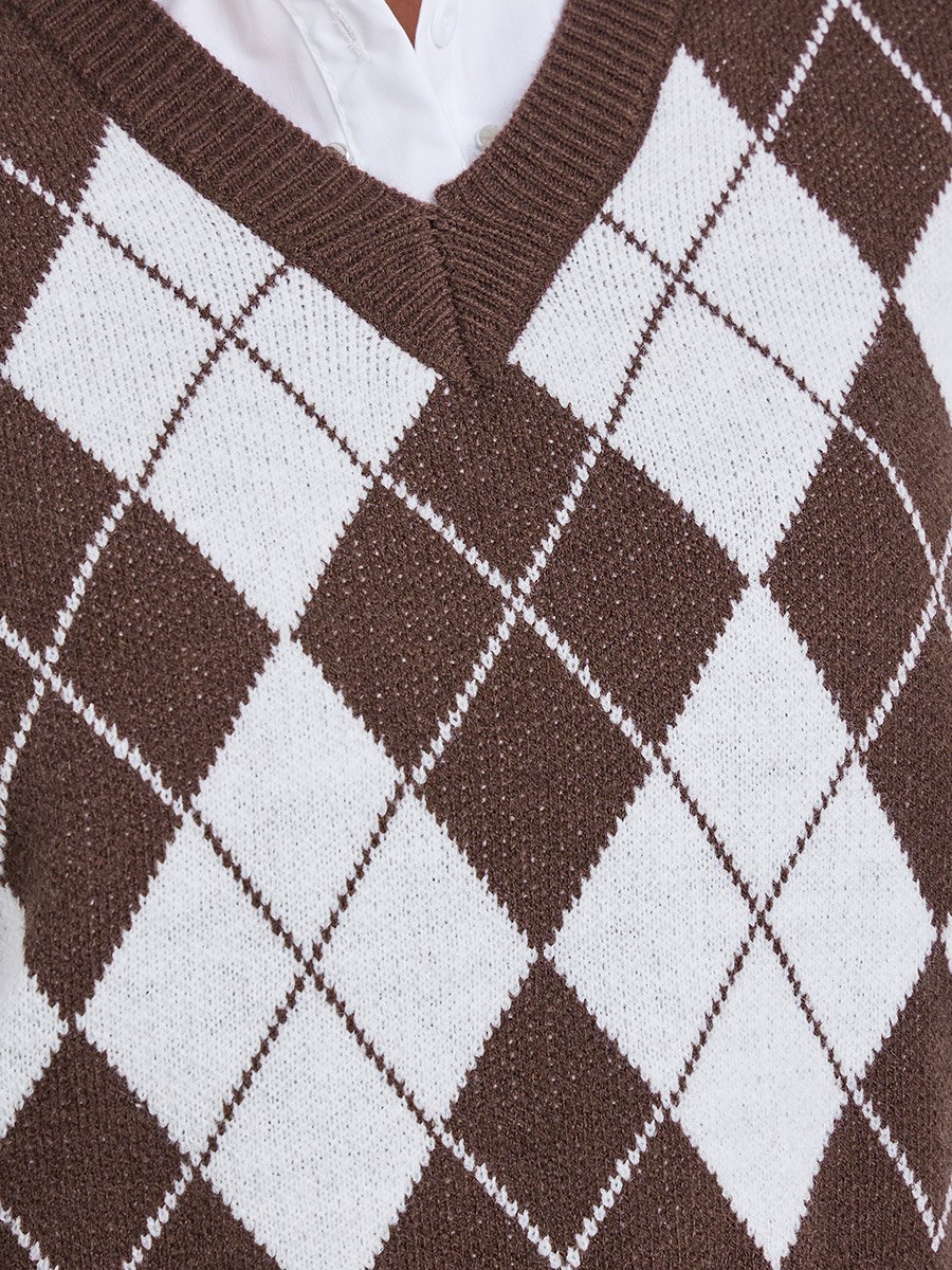 Checked V-Neck Knitted Top