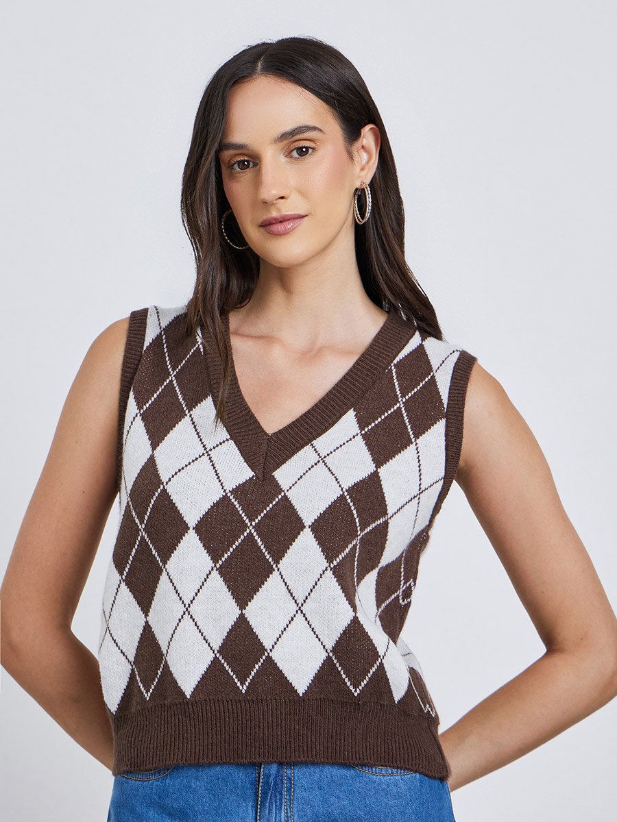 Checked V-Neck Knitted Top