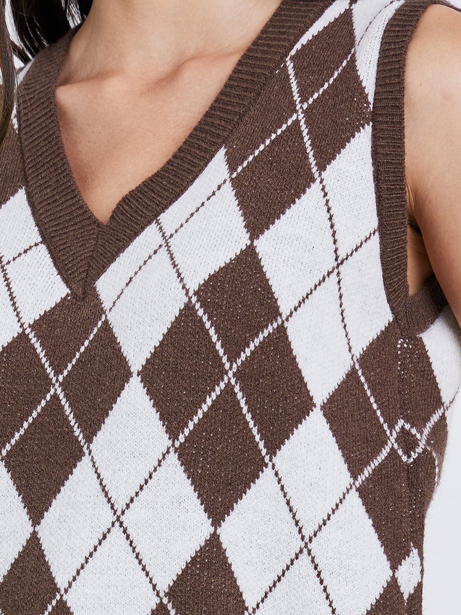 Checked V-Neck Knitted Top