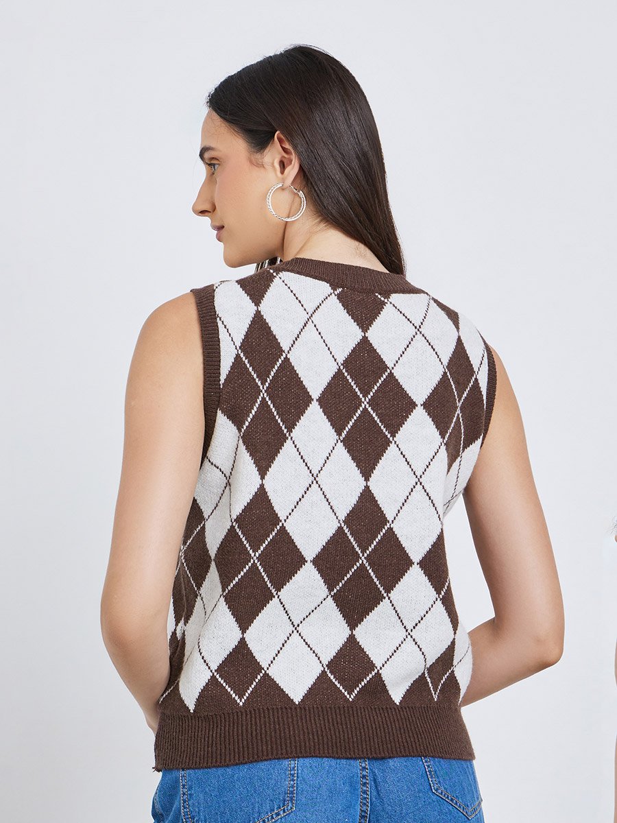 Checked V-Neck Knitted Top