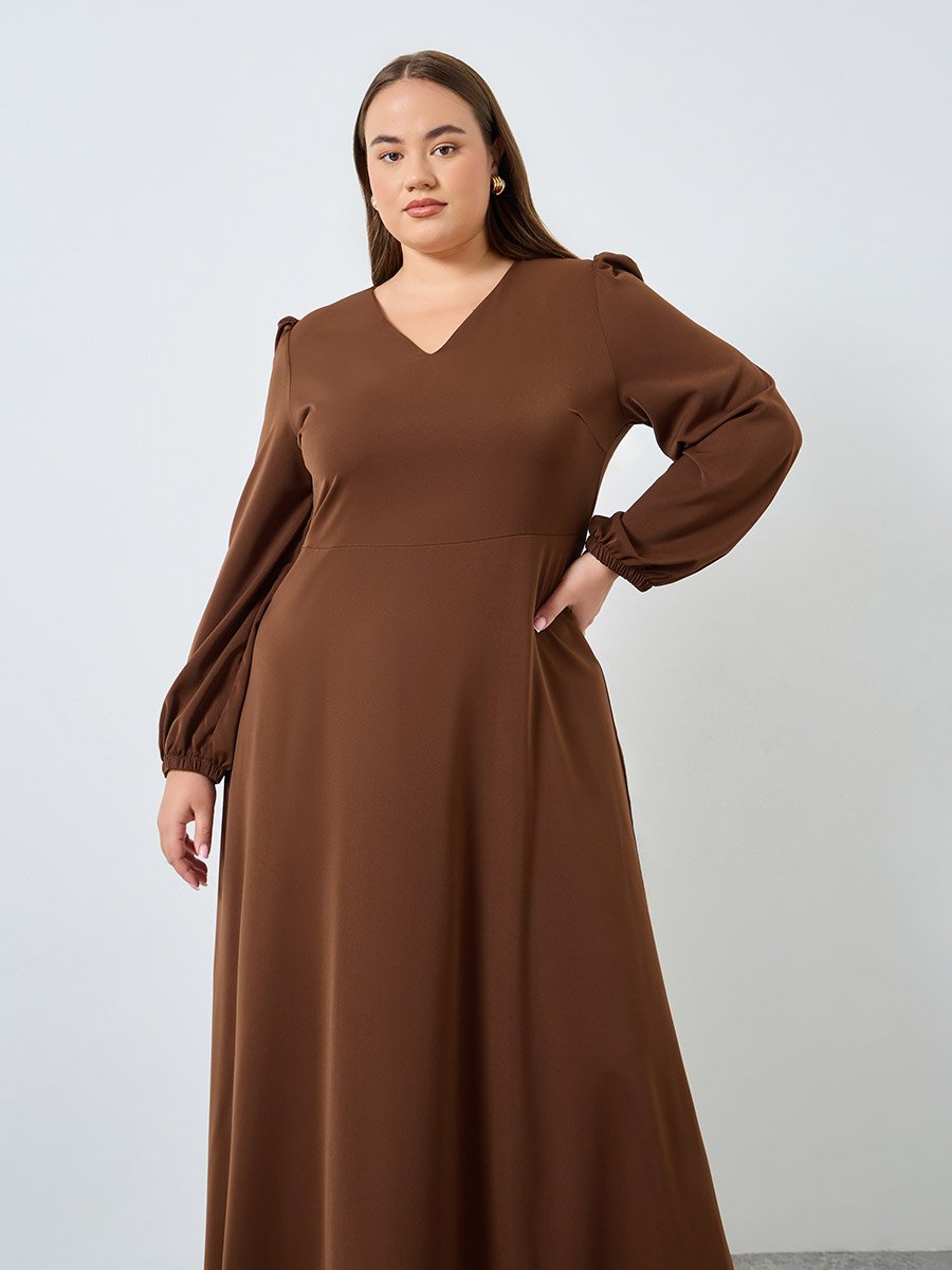 Plus Size Brown Maxi Dress with V Neck For Women at Bahrain | Styli