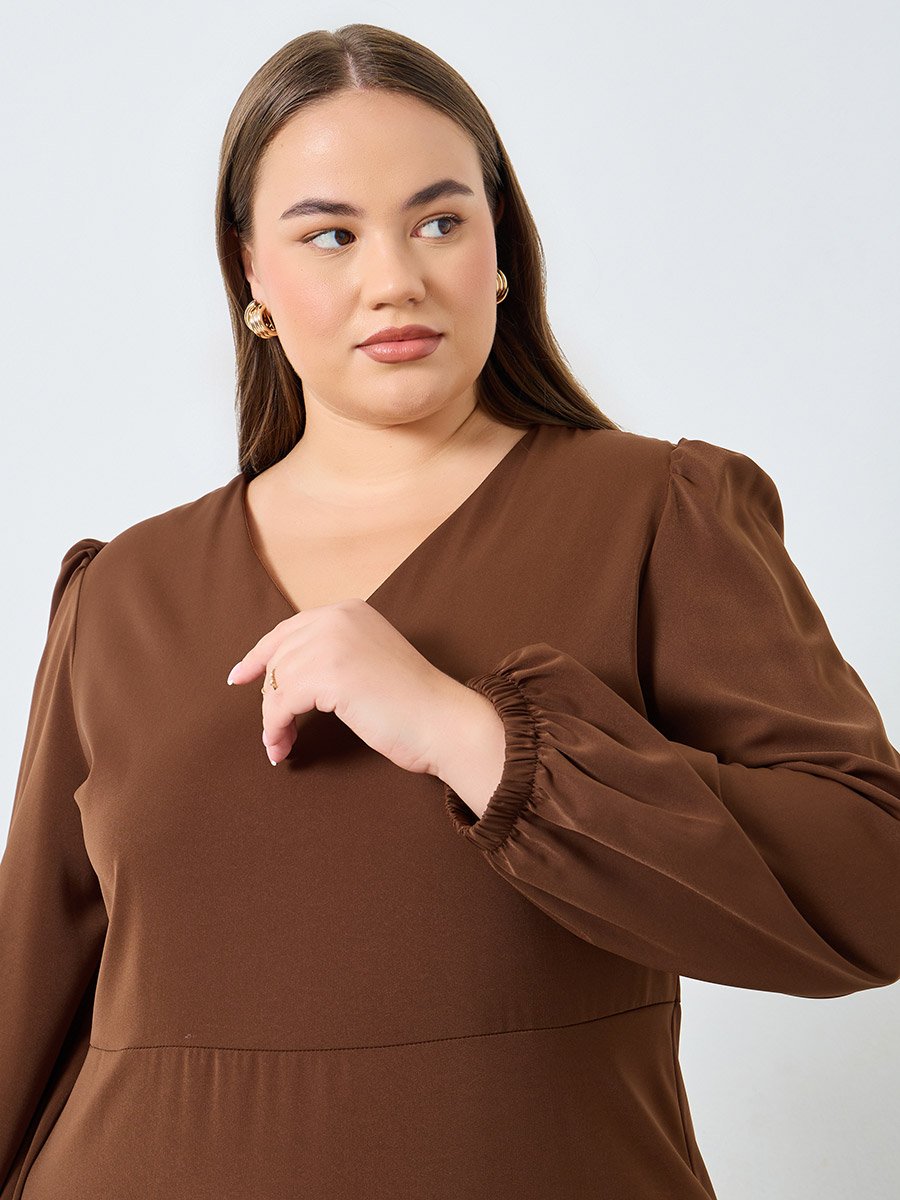 Plus Size Brown Maxi Dress with V Neck For Women at Bahrain | Styli