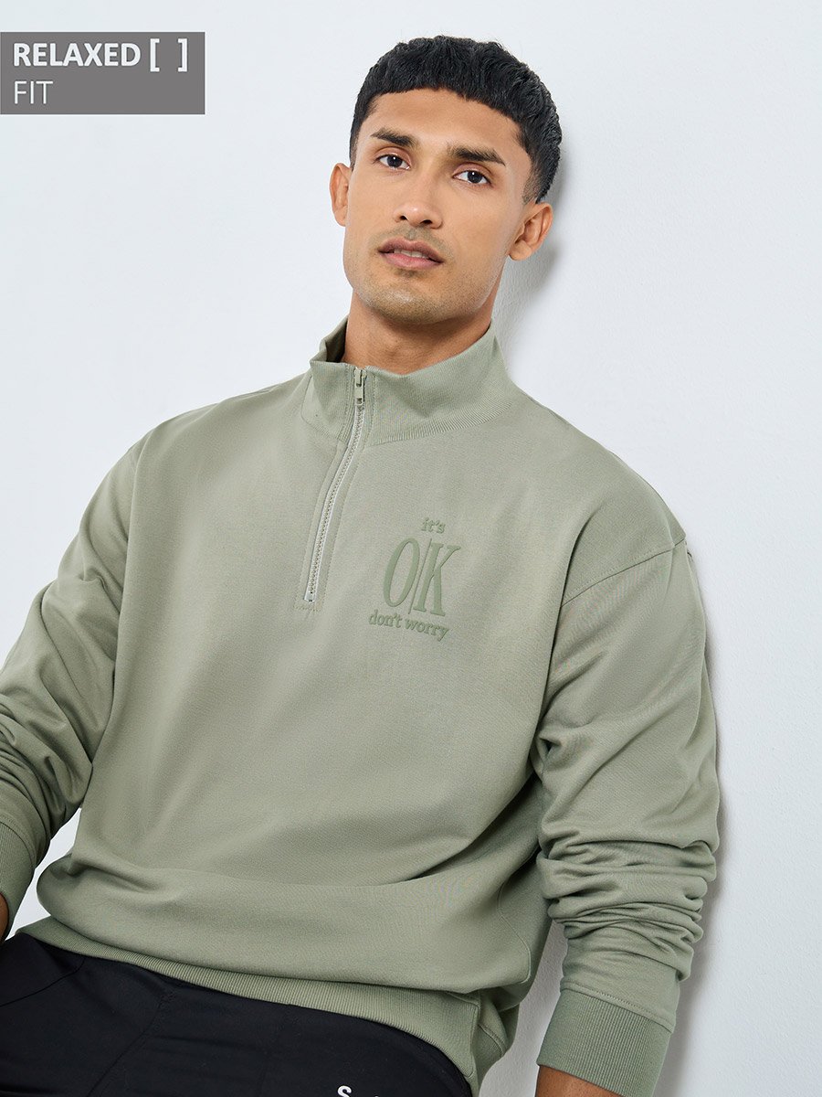 Men Khaki Slogan Print Half Zip Sweatshirt