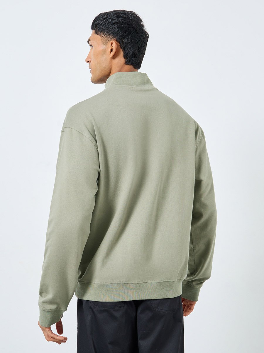 Men Khaki Slogan Print Half Zip Sweatshirt