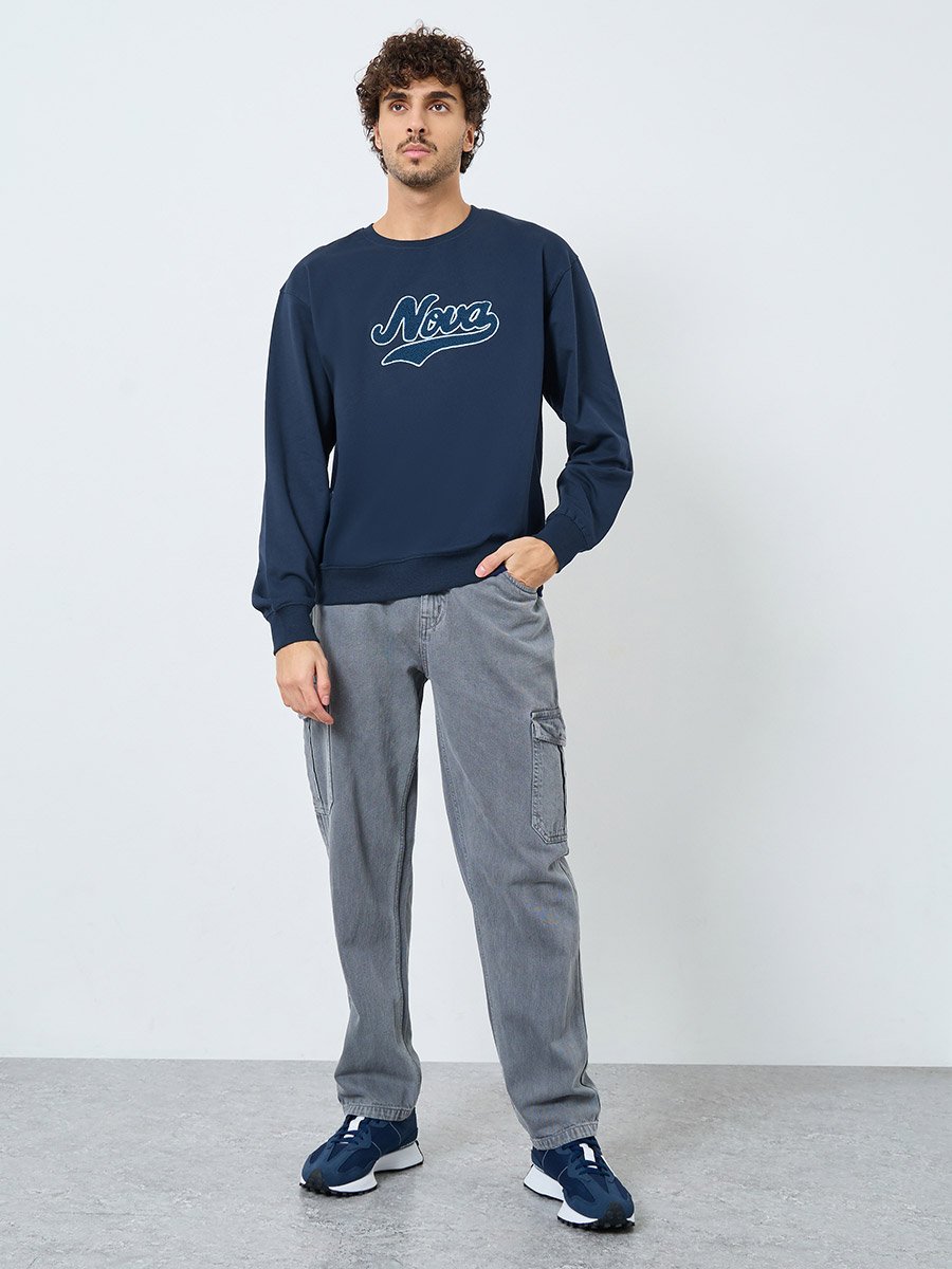 Navy Blue Embroidered Sweatshirt
