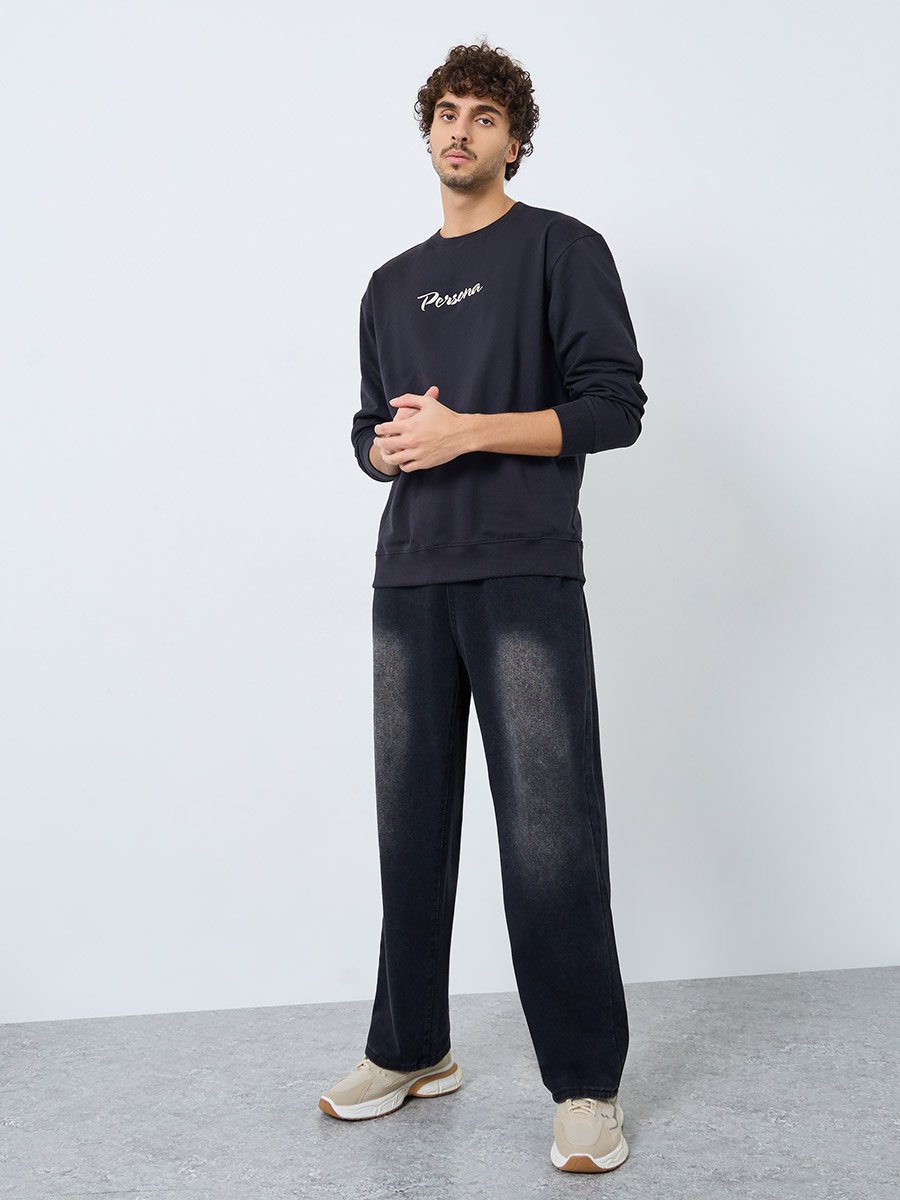 Men Black Embroidered Slogan Sweatshirt
