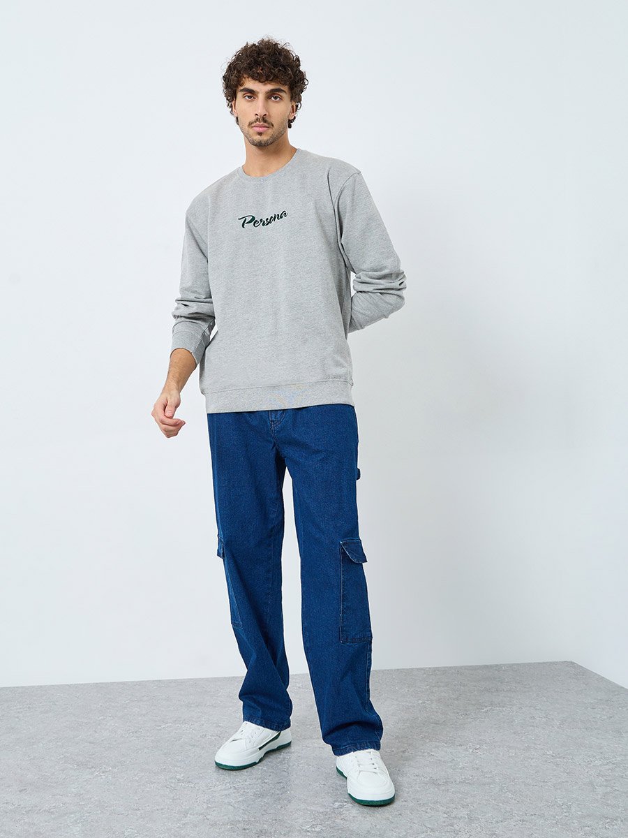 Grey Embroidered Slogan Relaxed Fit Sweatshirt