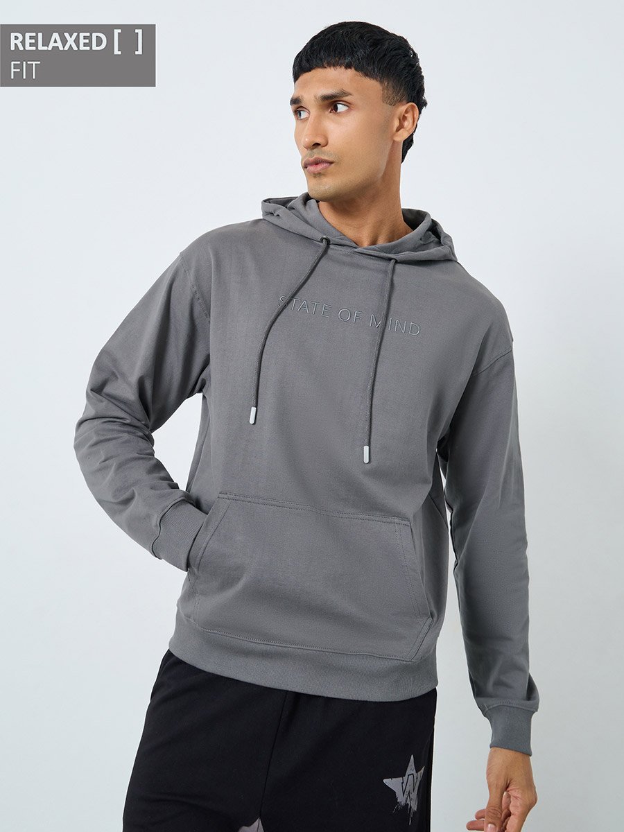 Grey Embroidered Relaxed Fit Hoodie
