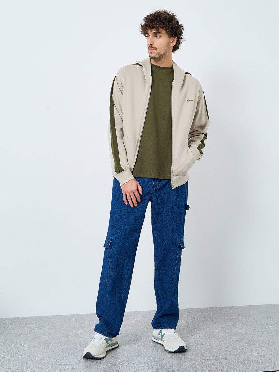 Khaki Color Block Panel Relaxed Fit Hoodie