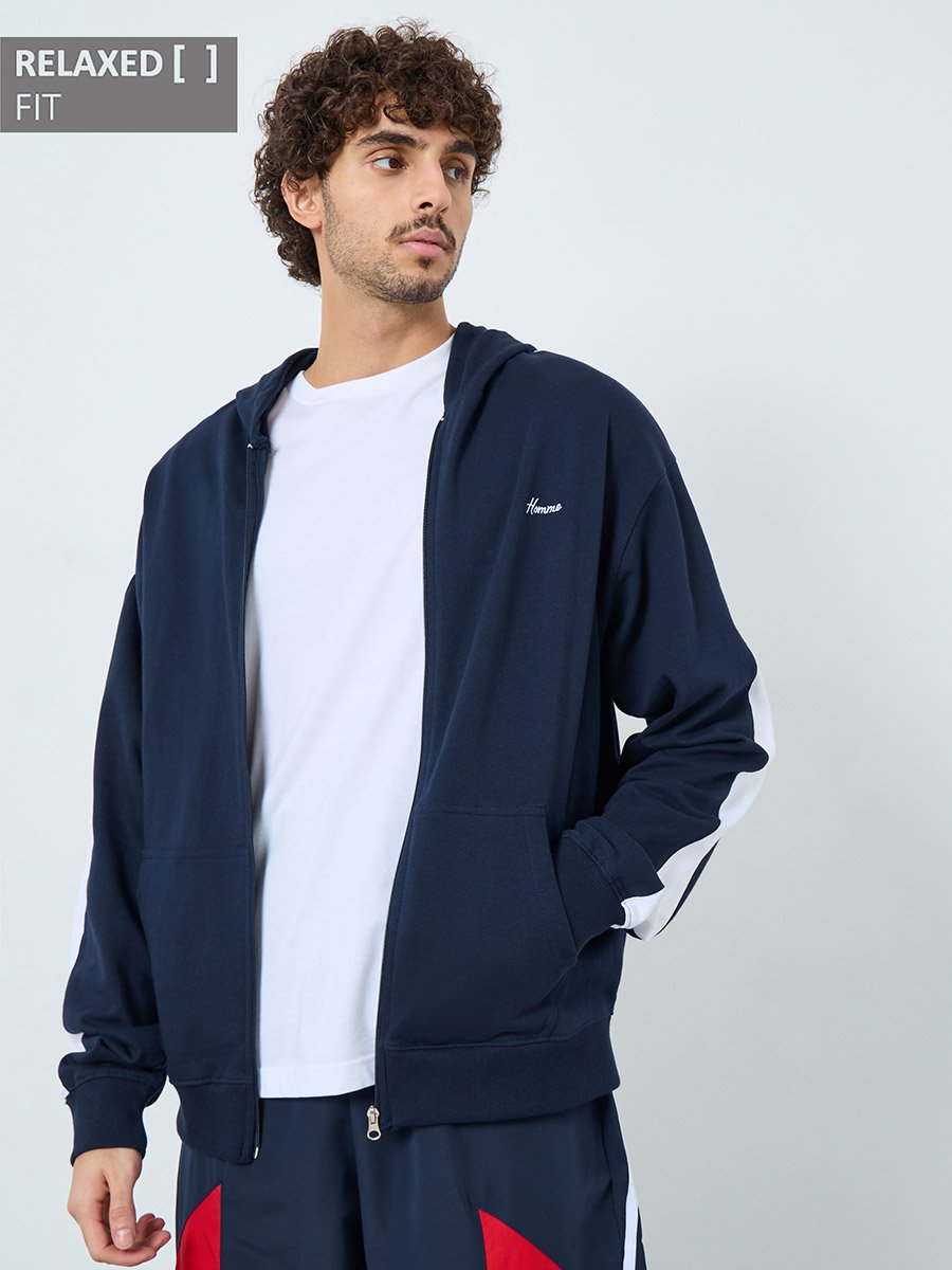 Navy Blue Embroidered Zip-Up Hoodie