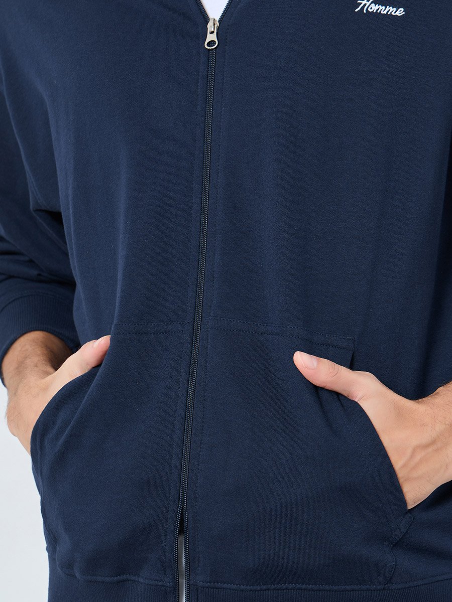 Navy Blue Embroidered Zip-Up Hoodie