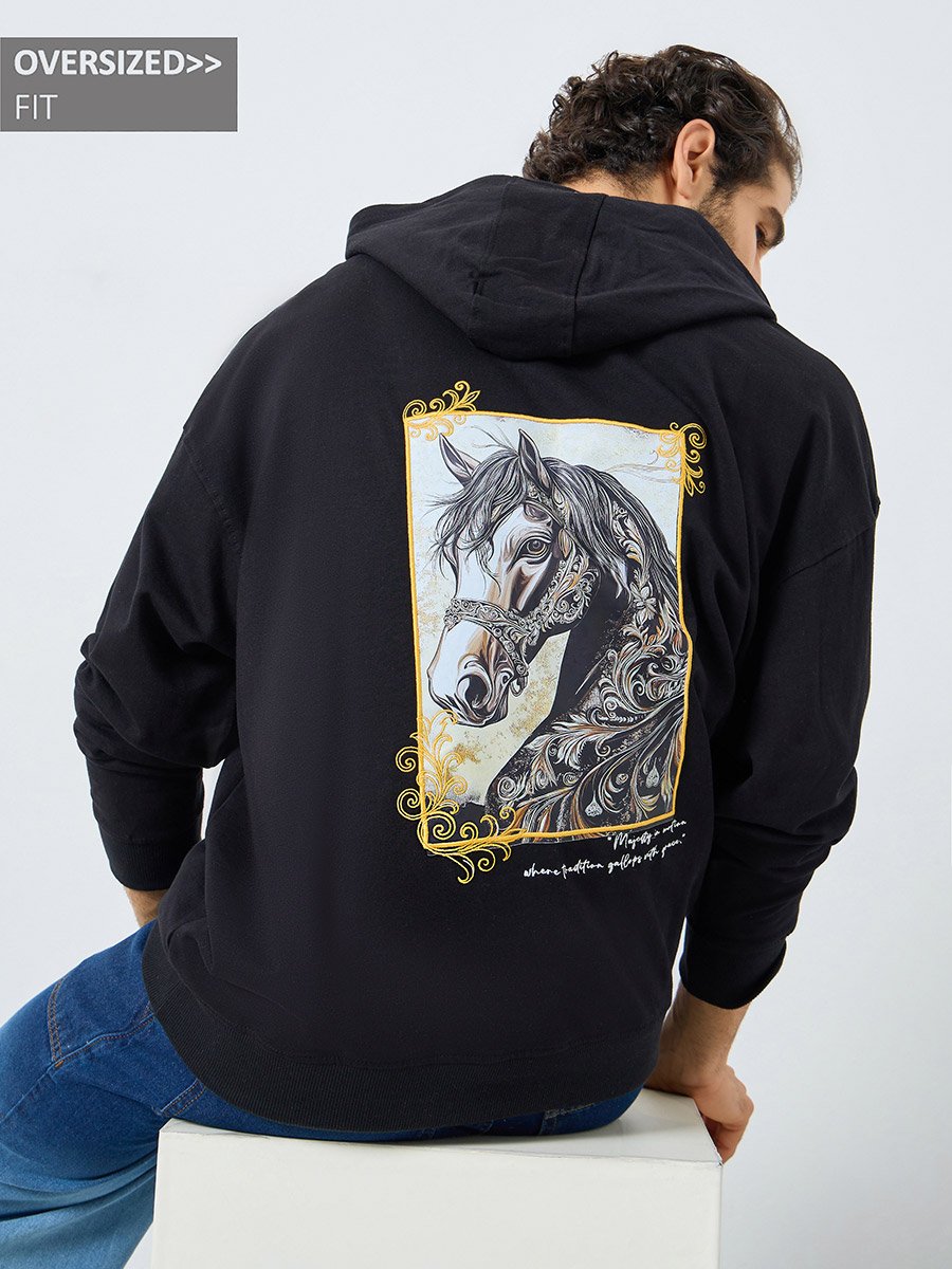 Oversize heavy Fleece hoodie with Horse Print and Emb at front and back with Kangaroo pocket