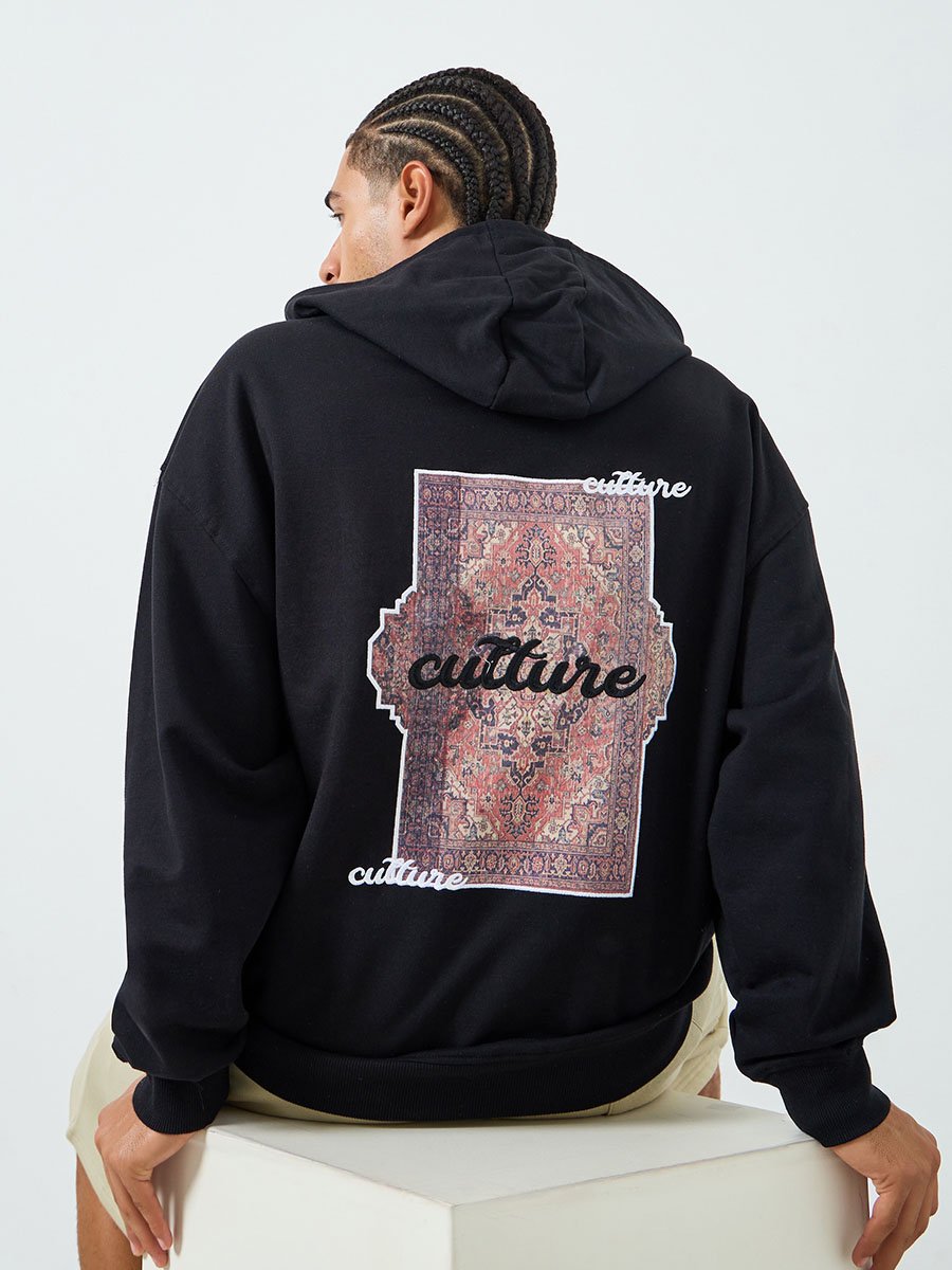 Men Black Embroidered Graphic Hoodie