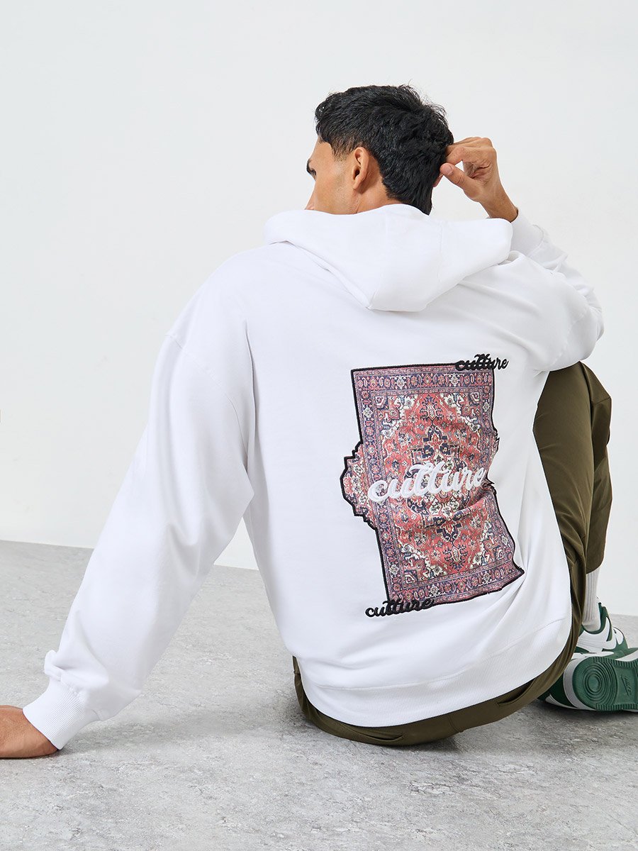 Men White Tapestry Print Oversized Heavy Fleece Hoodie