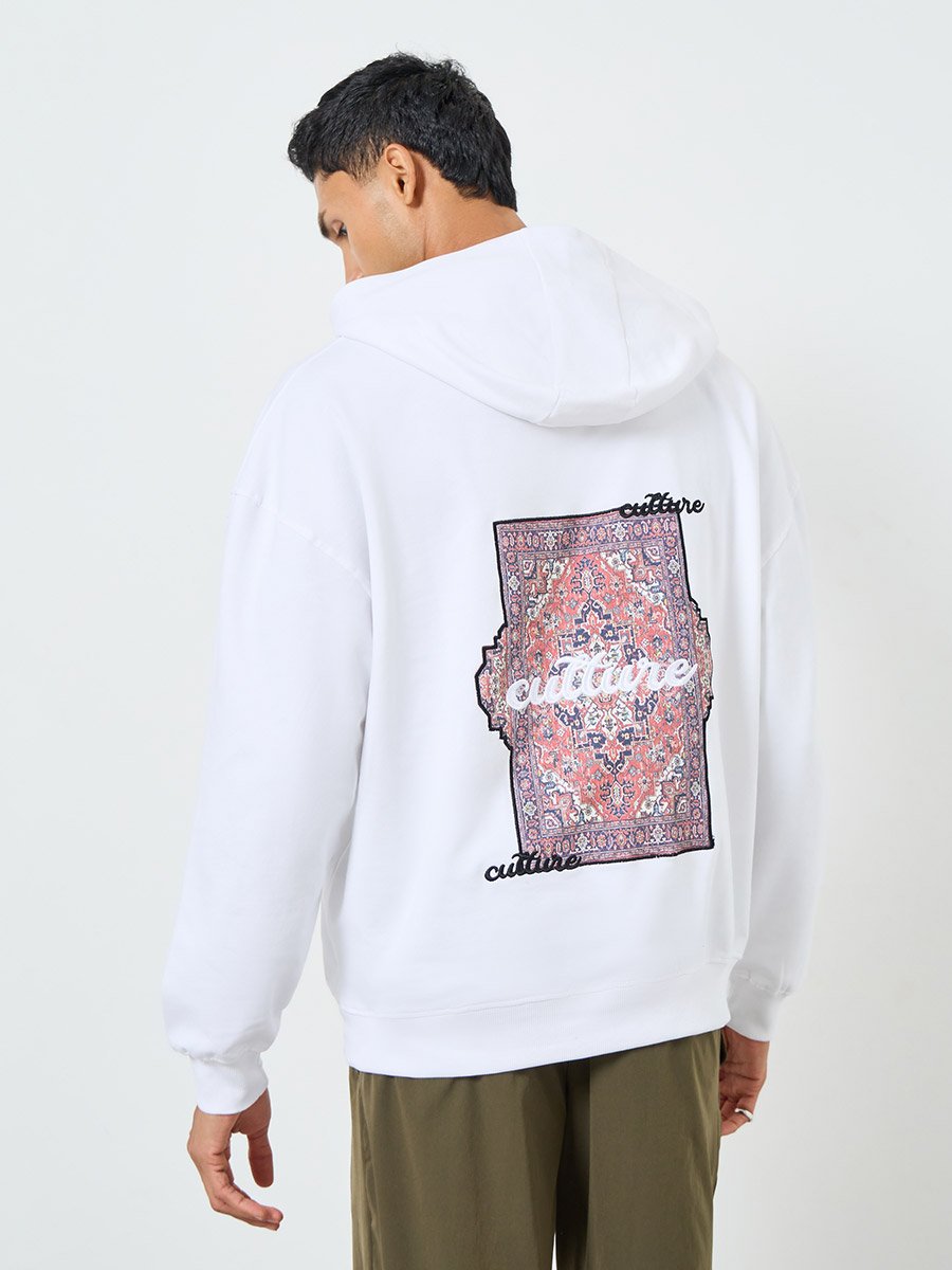Men White Tapestry Print Oversized Heavy Fleece Hoodie