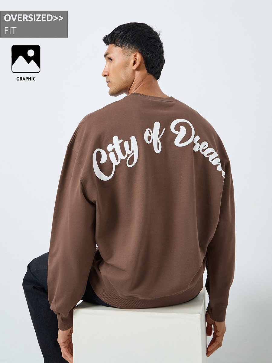 Men Brown Graphic Oversized Fleece Sweatshirt