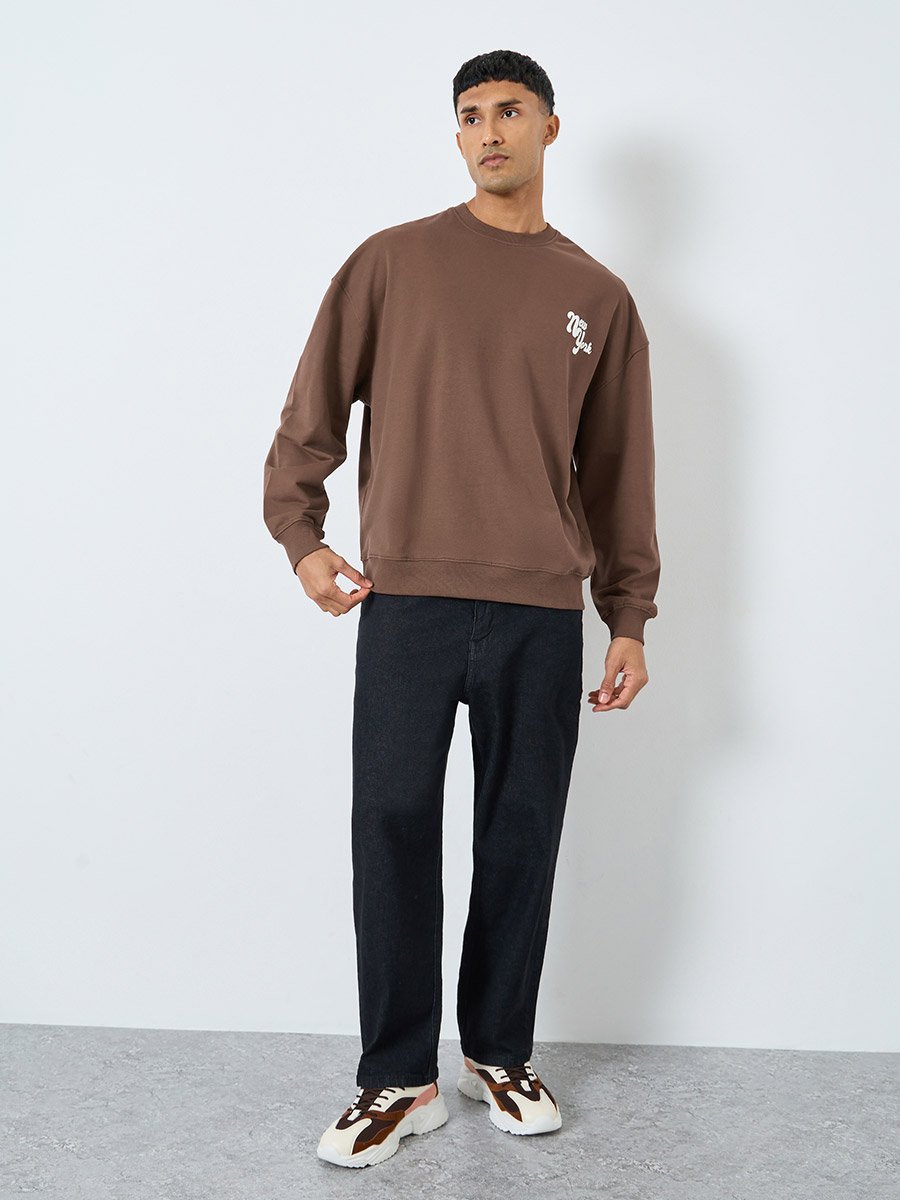 Men Brown Graphic Oversized Fleece Sweatshirt