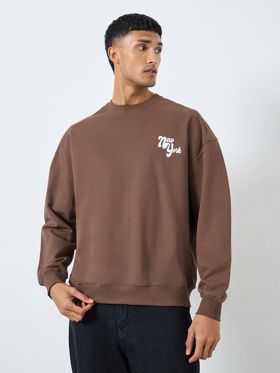 Men Brown Graphic Oversized Fleece Sweatshirt