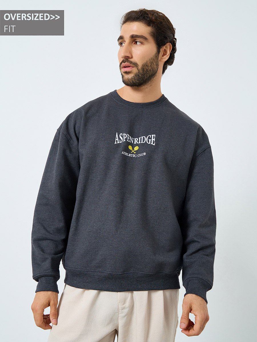 Men Charcoal Embroidered Oversized Sweatshirt