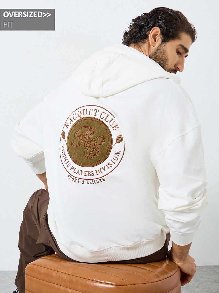 Men Cream Oversized Back Embroidered Fleece Hoodie