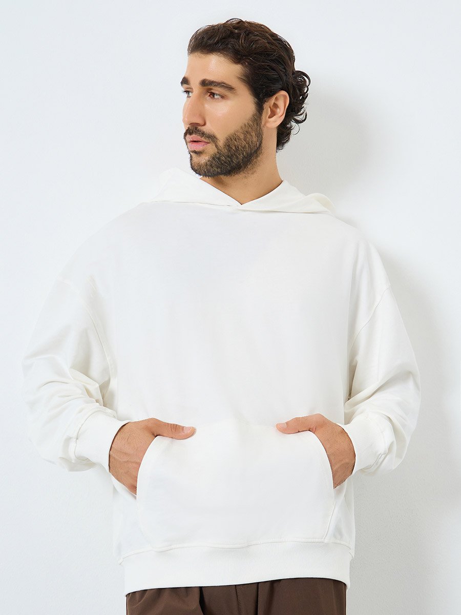 Men Cream Oversized Back Embroidered Fleece Hoodie