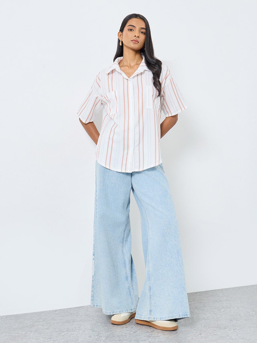 Striped Buttoned Spread Collar Shirt
