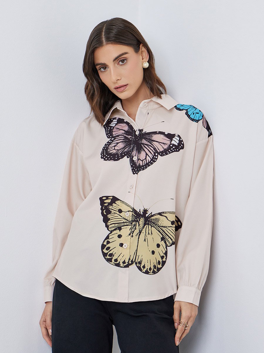 Women Butterfly Graphic Print Long Sleeve Oversized Shirt