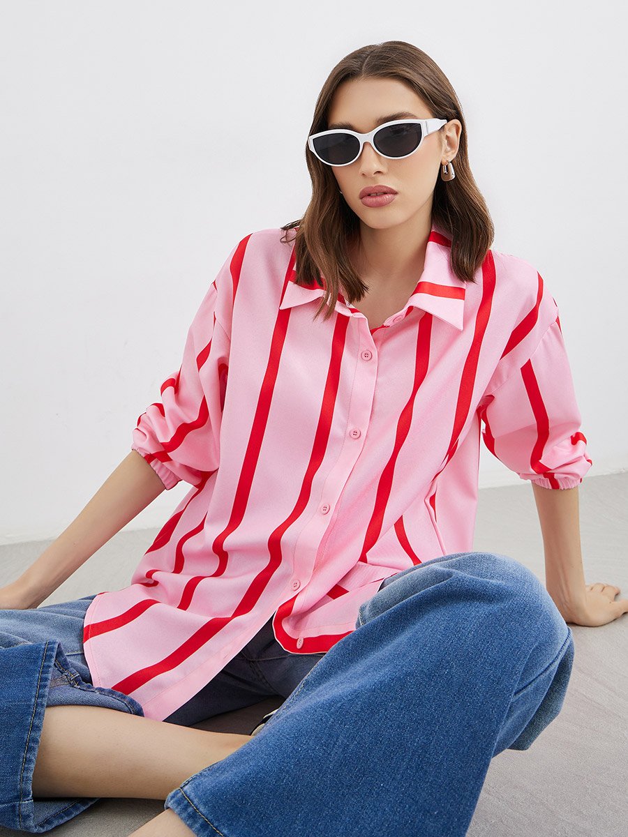 Women Striped Long Sleeve Oversized Shirt