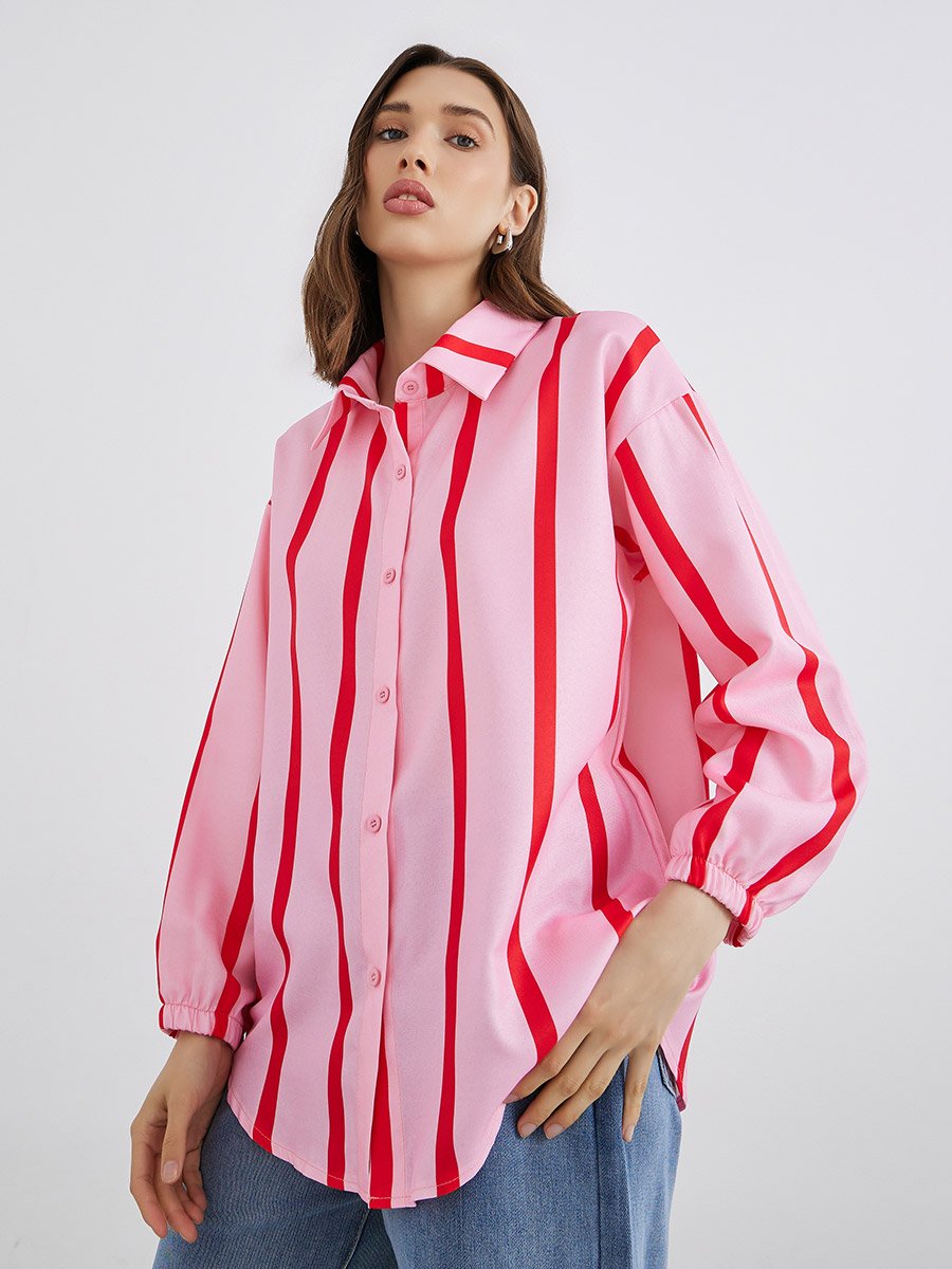 Women Striped Long Sleeve Oversized Shirt