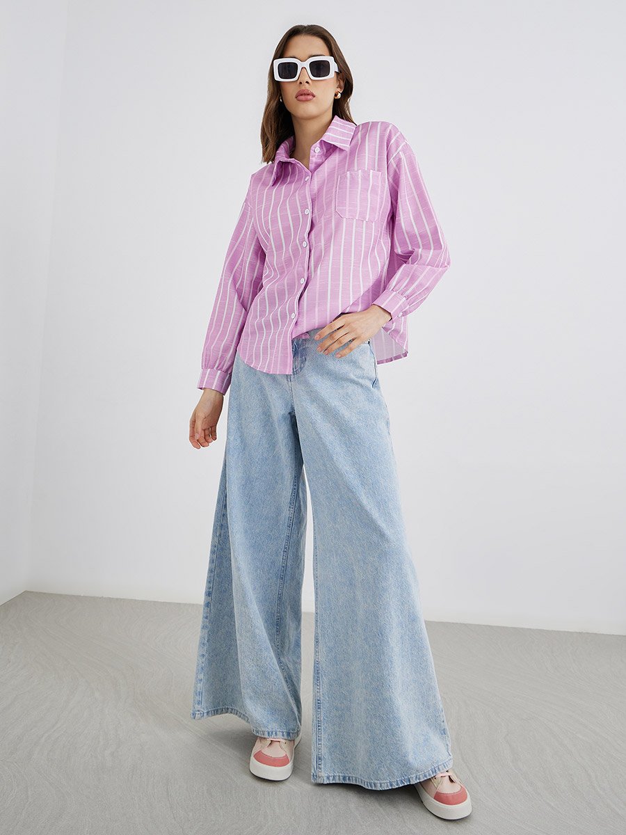 Women Striped Long Sleeve Oversized Shirt with Pocket Detail