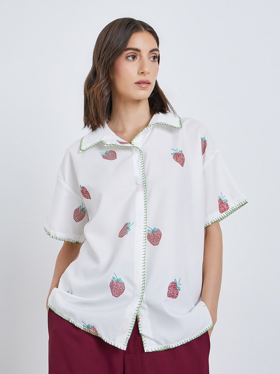 Women All-Over Strawberry Print Short Sleeve Oversized Shirt