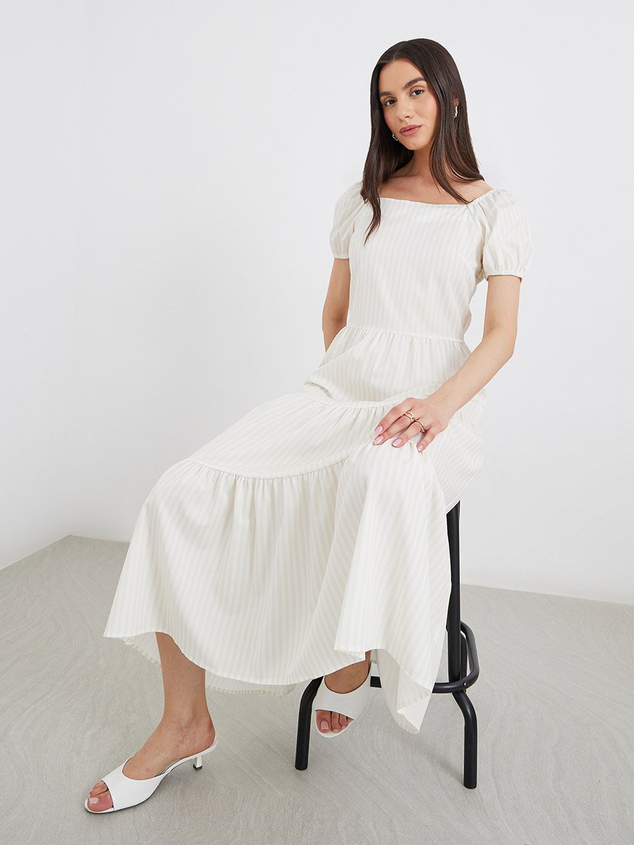 Striped Puff Sleeve Tiered Midi Dress