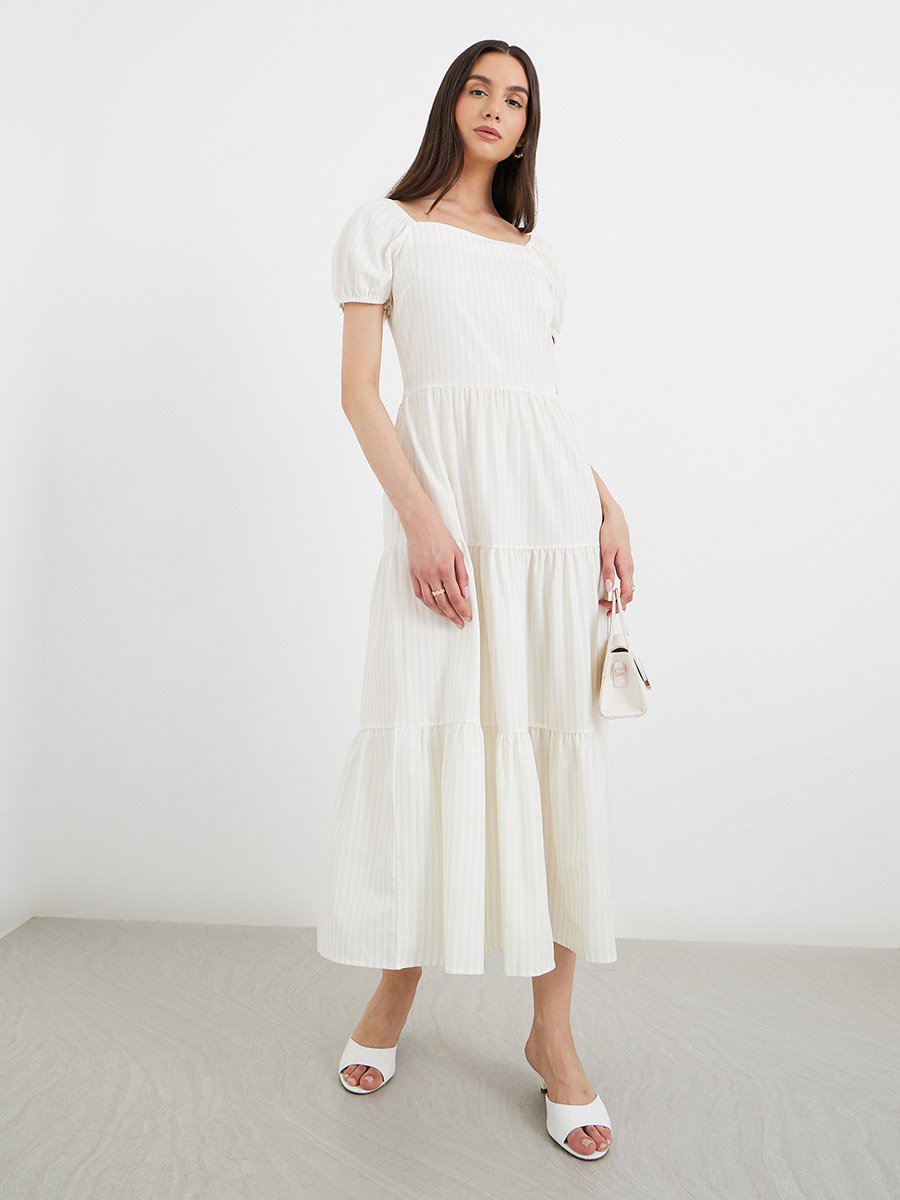 Striped Puff Sleeve Tiered Midi Dress