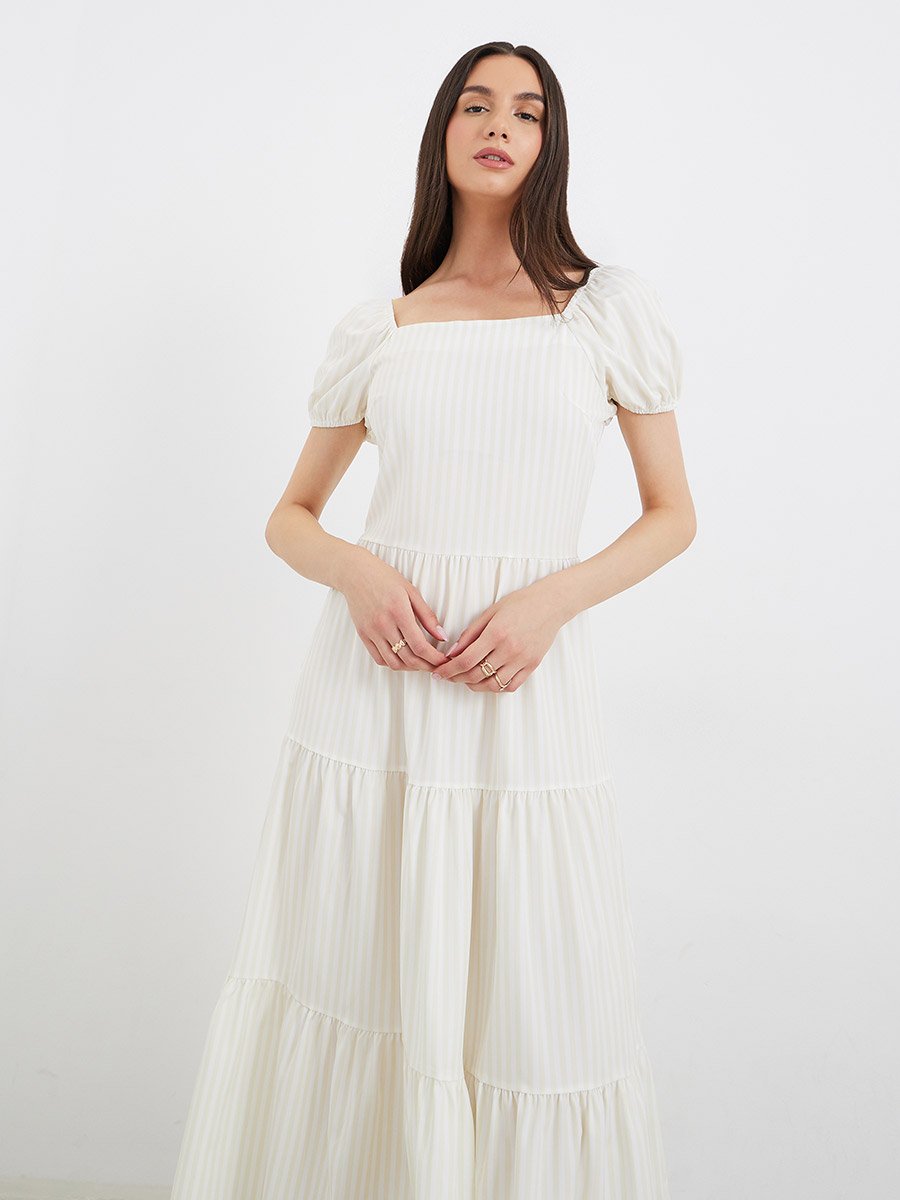 Striped Puff Sleeve Tiered Midi Dress