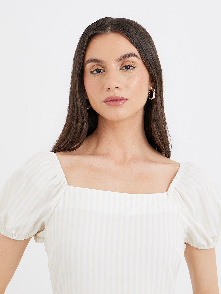 Striped Puff Sleeve Tiered Midi Dress