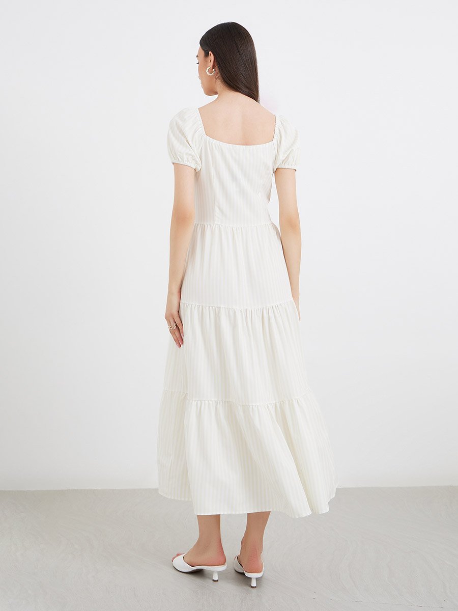 Striped Puff Sleeve Tiered Midi Dress