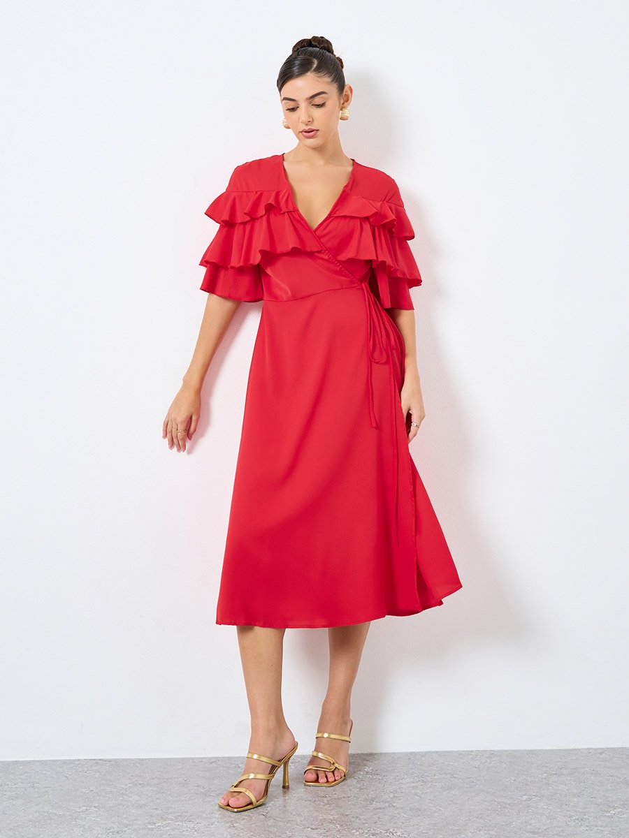Solid Ruffled Detail A-Line Midi Dress