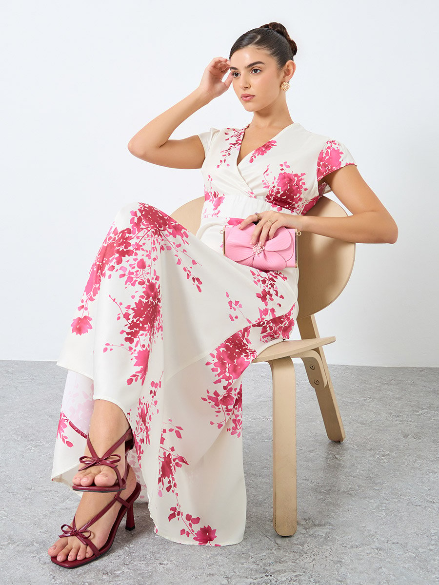 All-Over Print V-Neck Wrap Maxi Dress