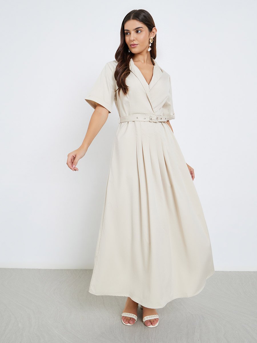 Notch Lapel Belted Blazer Maxi Dress