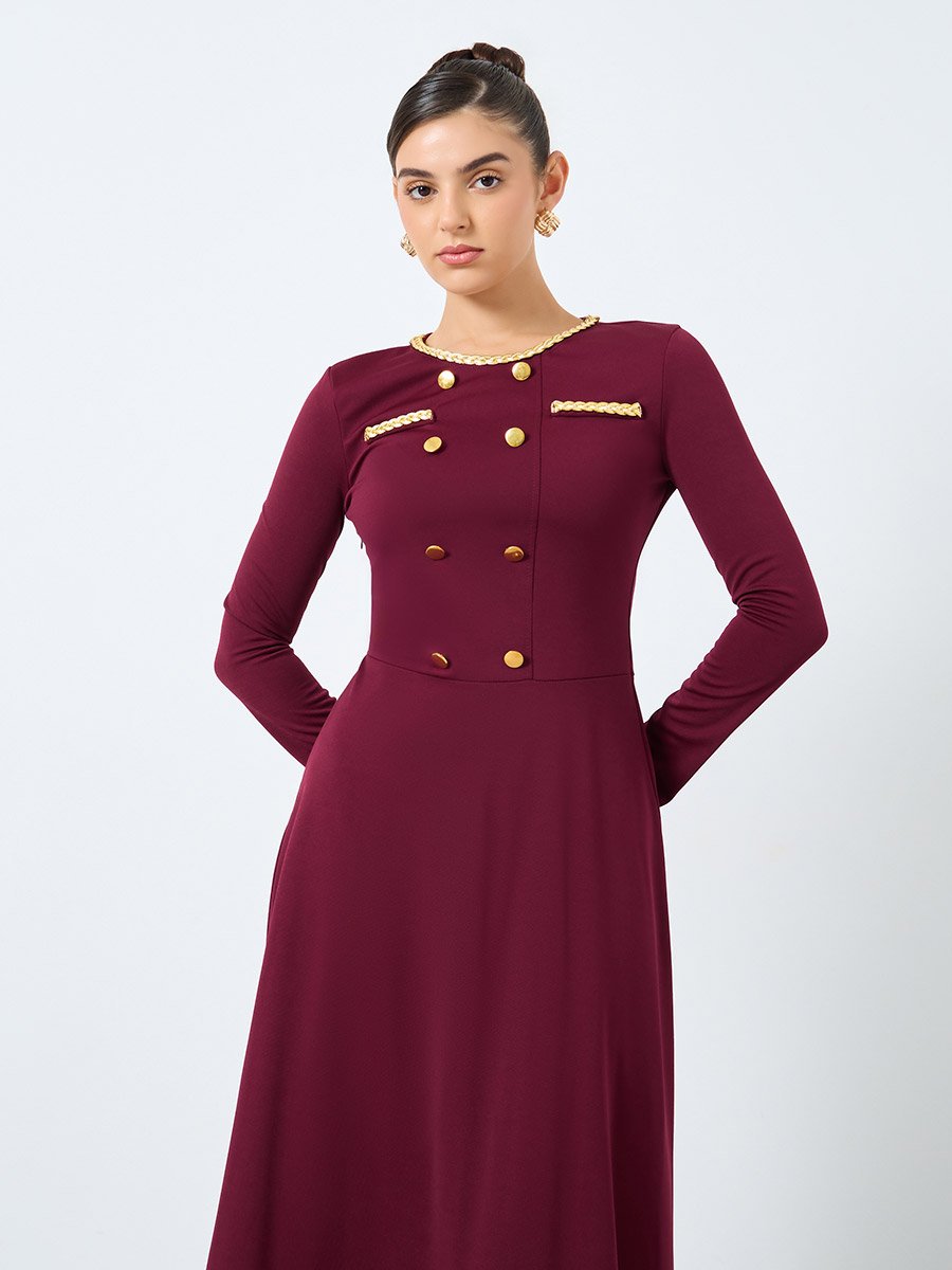 Burgundy Midi Dress with Buttons Detail