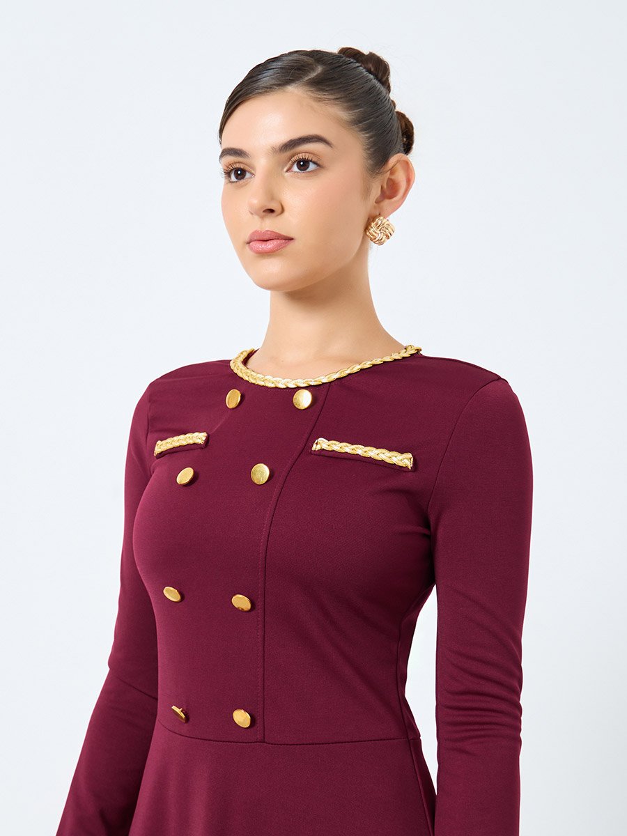 Burgundy Midi Dress with Buttons Detail