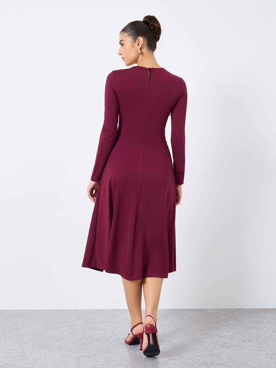 Burgundy Midi Dress with Buttons Detail