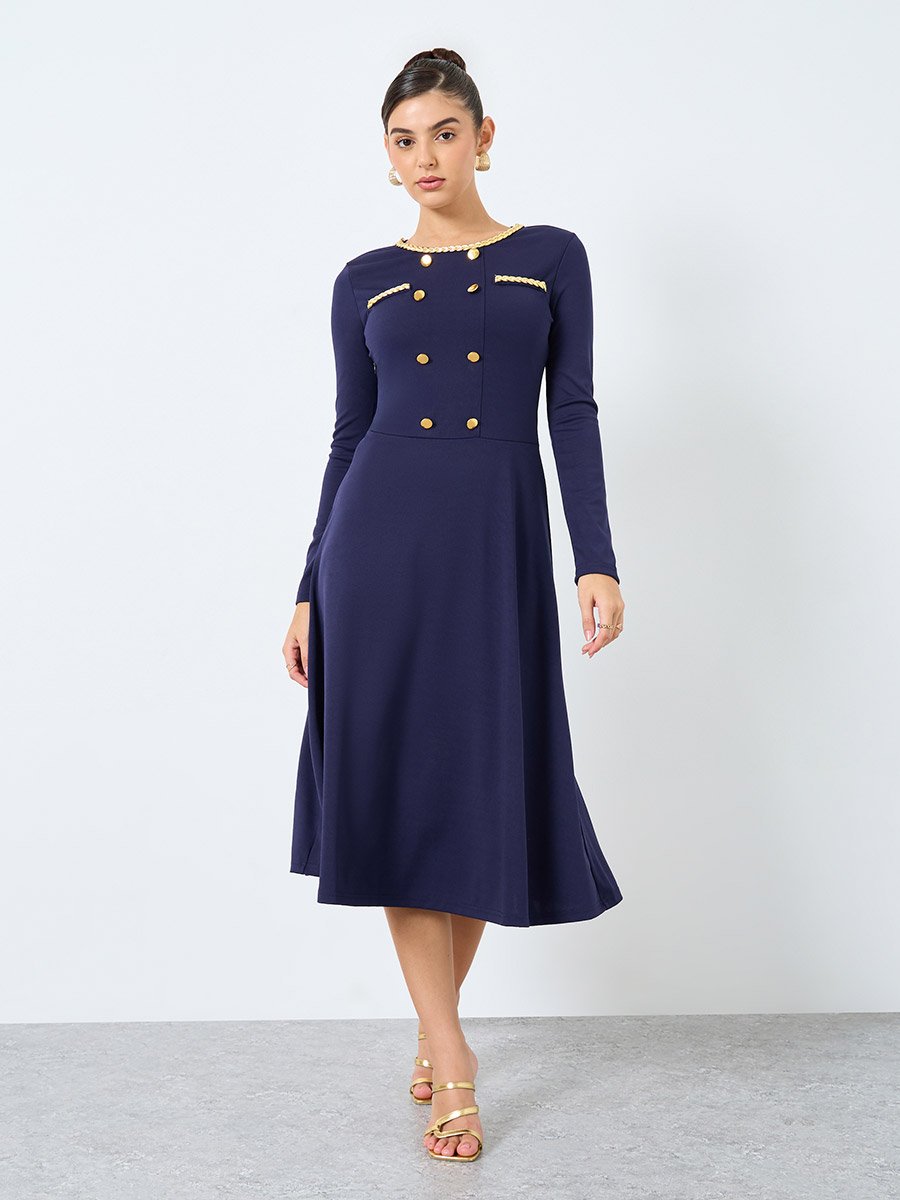 Navy Blue Midi Dress with Buttons Detail