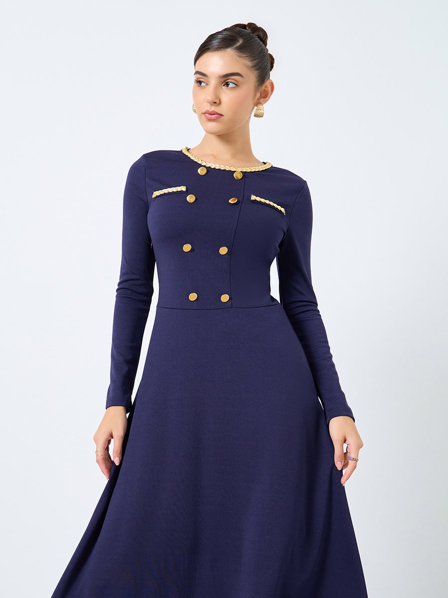 Navy Blue Midi Dress with Buttons Detail