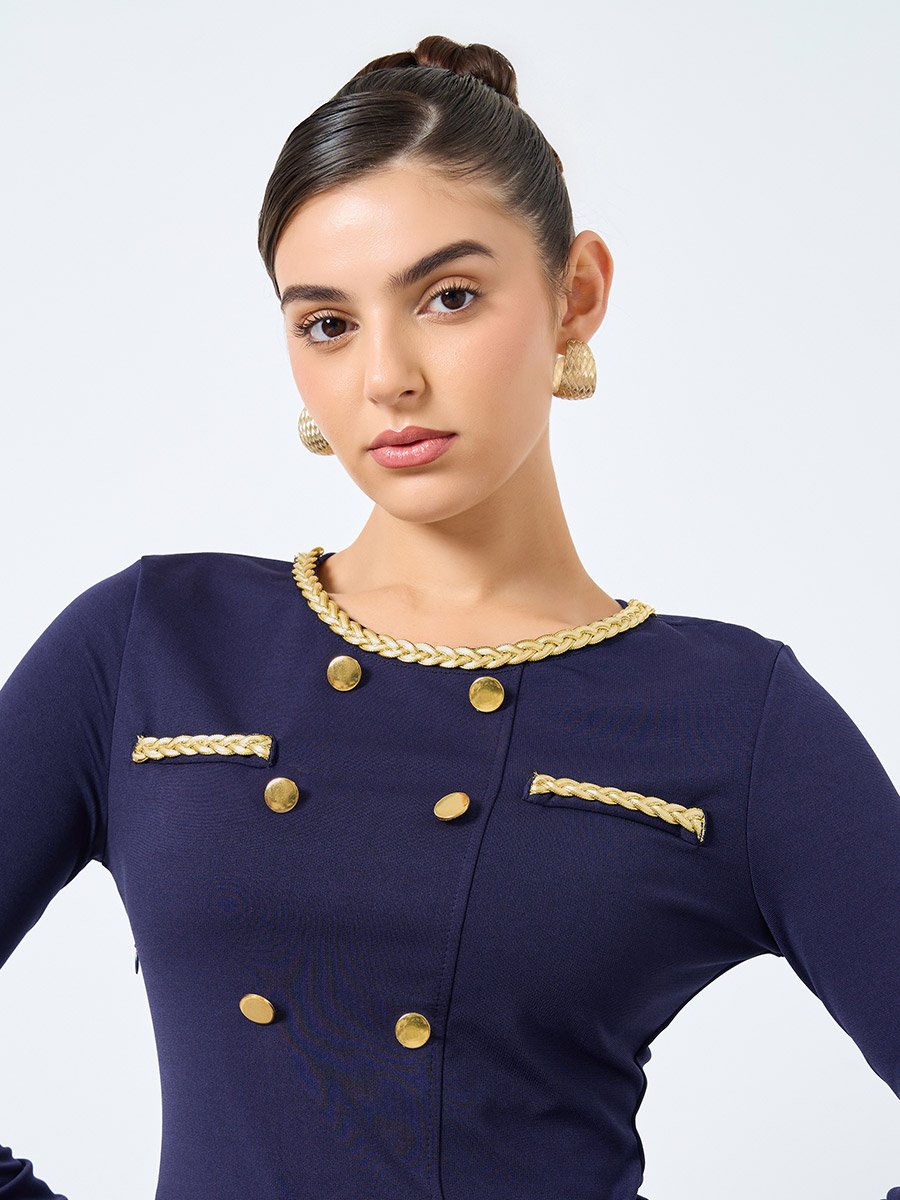 Navy Blue Midi Dress with Buttons Detail