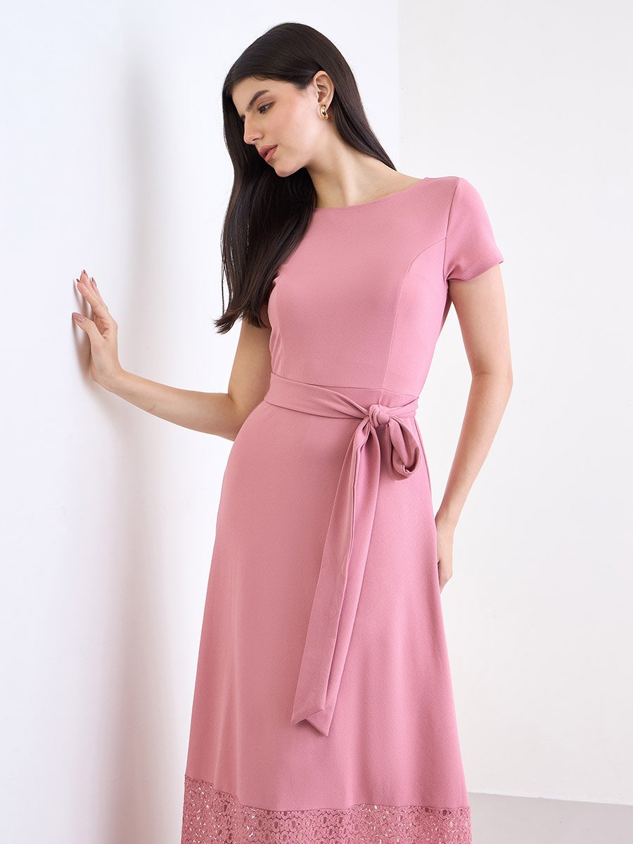 Pink A-Line Maxi Dress with Belt