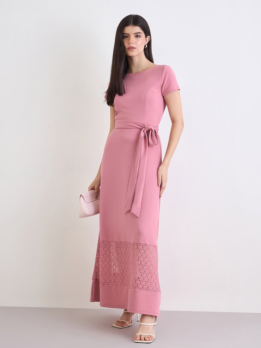 Pink A-Line Maxi Dress with Belt