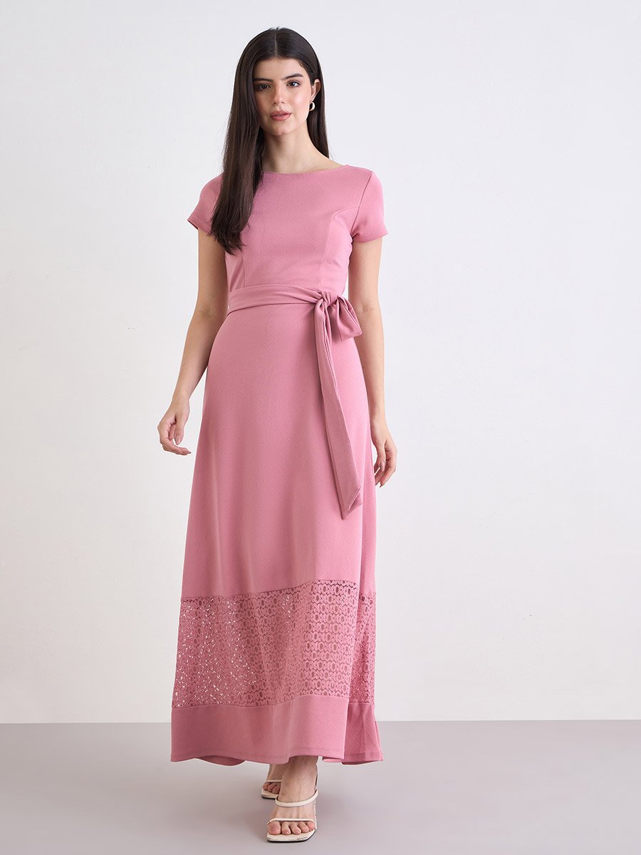 Pink A-Line Maxi Dress with Belt